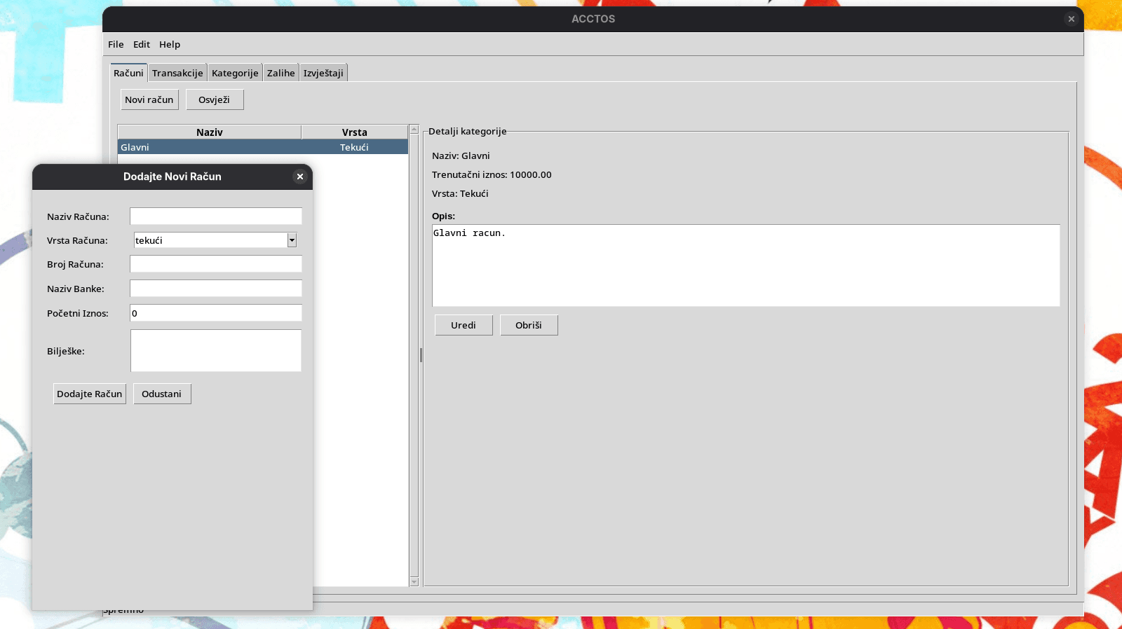 Prikaz bankovnog računa u Acctosu