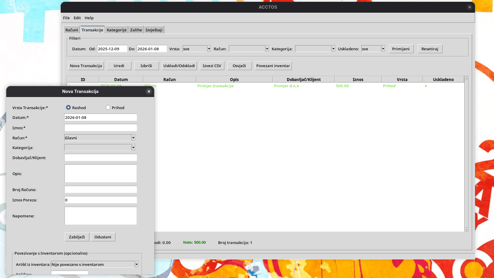 Prikaz transakcija u Acctosu