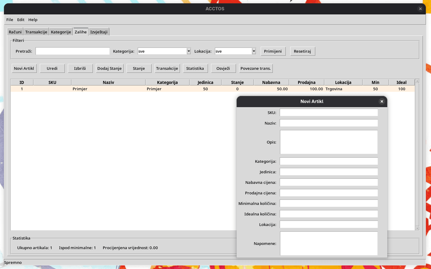 Prikaz zaliha u Acctosu